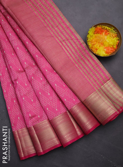 Semi raw silk saree pink with allover prints and zari woven border