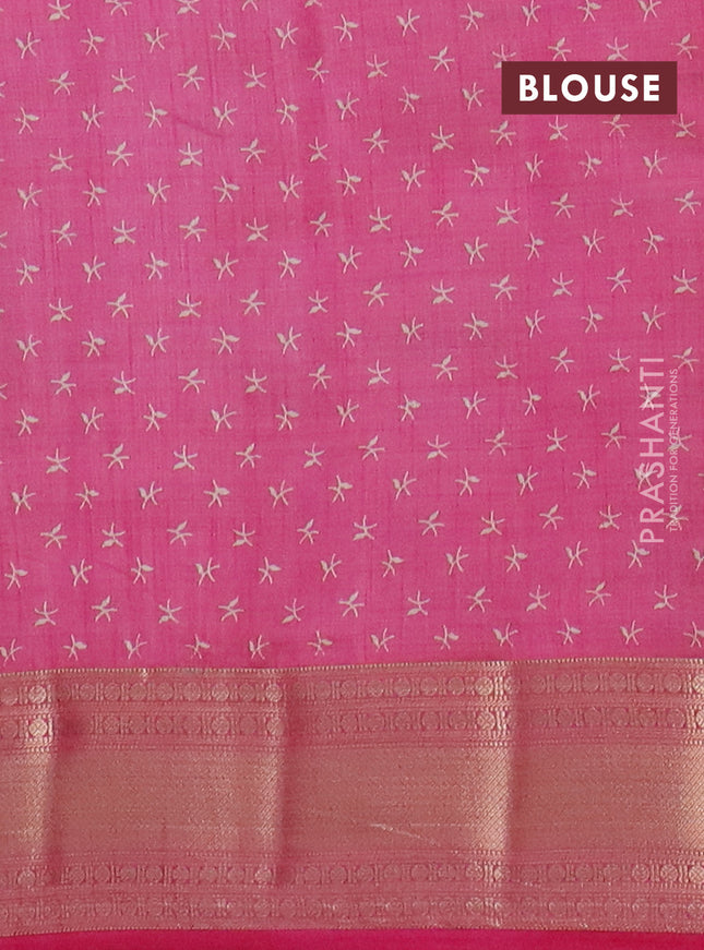 Semi raw silk saree pink with allover prints and zari woven border