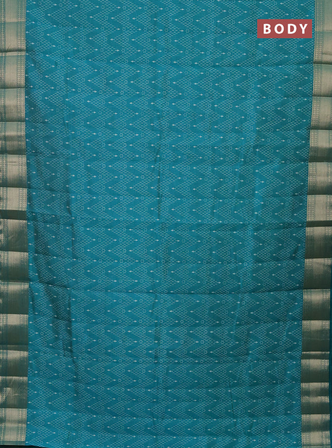 Semi raw silk saree teal blue with allover prints and zari woven border