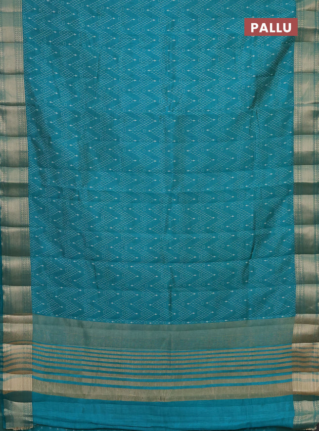 Semi raw silk saree teal blue with allover prints and zari woven border