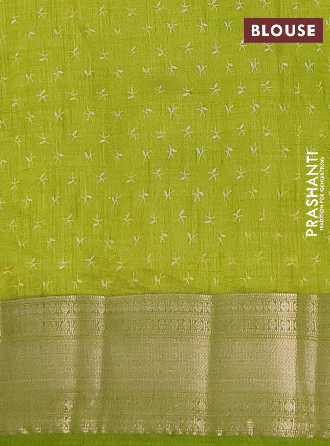 Semi raw silk saree light green with allover prints and zari woven border