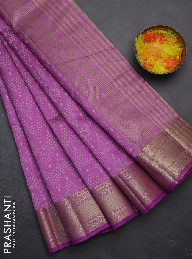Semi raw silk saree lavender with allover prints and zari woven border