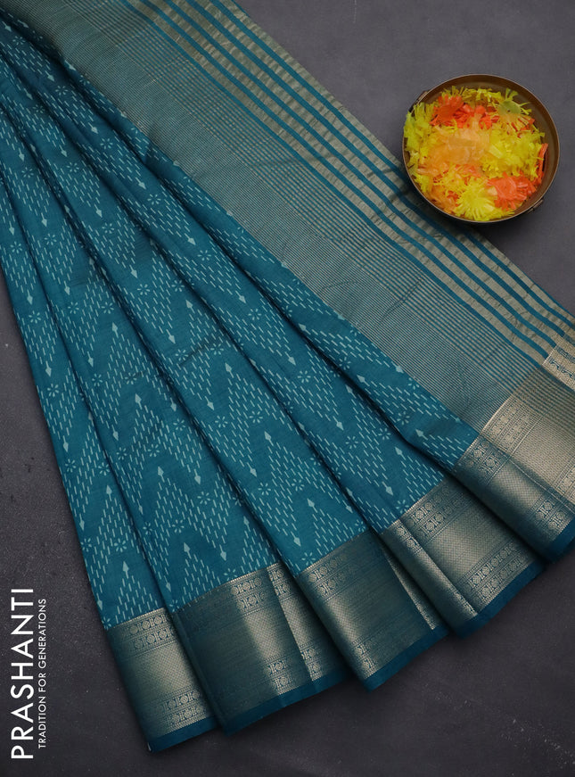 Semi raw silk saree cs blue with allover prints and zari woven border