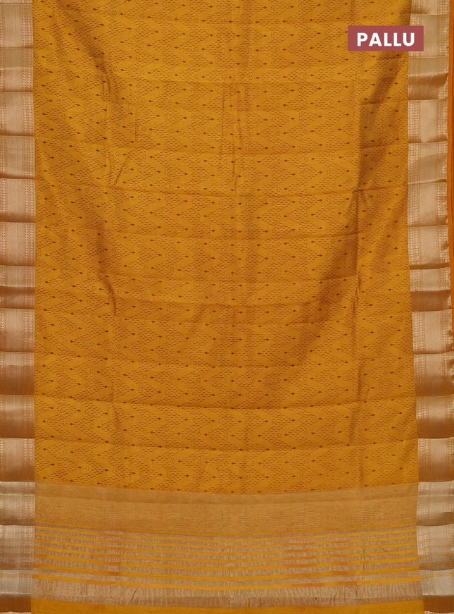 Semi raw silk saree mustard yellow with allover prints and zari woven border