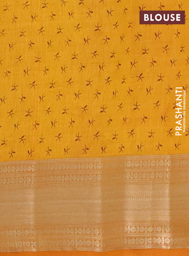 Semi raw silk saree mustard yellow with allover prints and zari woven border