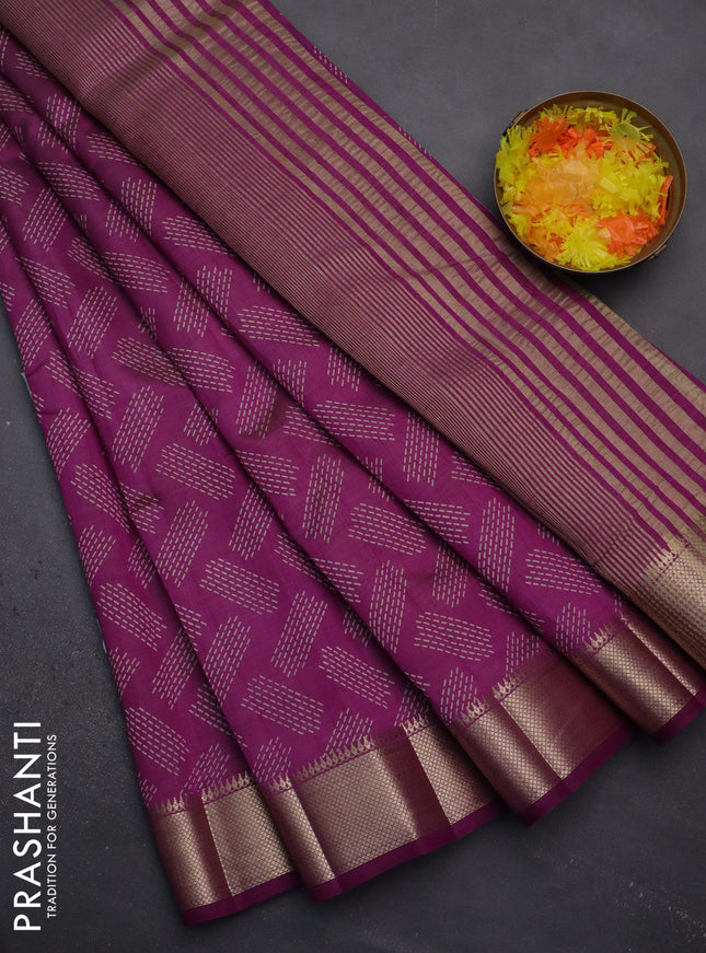 Semi raw silk saree purple with allover prints and zari woven border