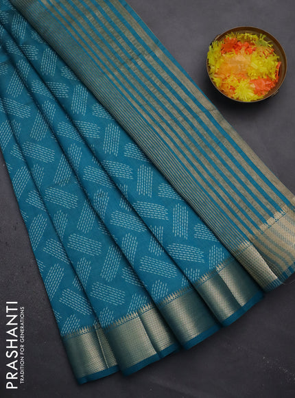 Semi raw silk saree cs blue with allover prints and zari woven border