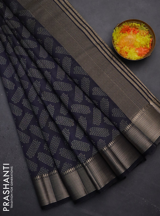 Semi raw silk saree navy blue with allover prints and zari woven border