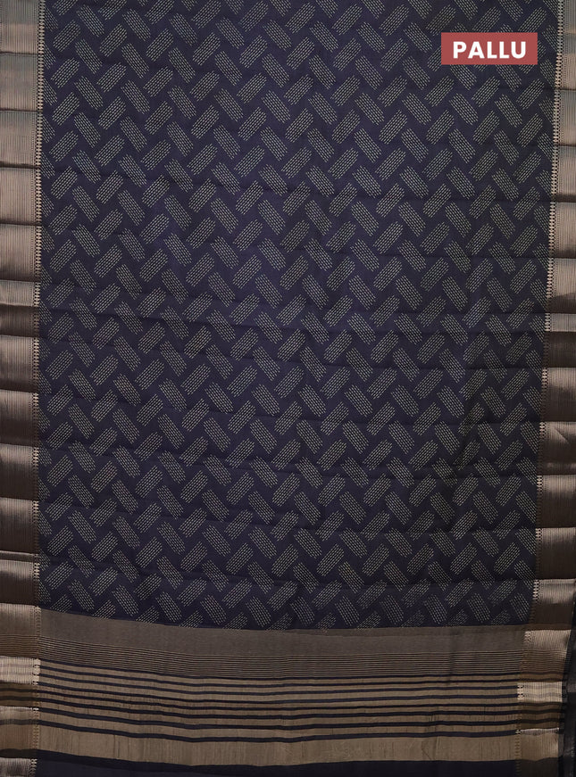 Semi raw silk saree navy blue with allover prints and zari woven border