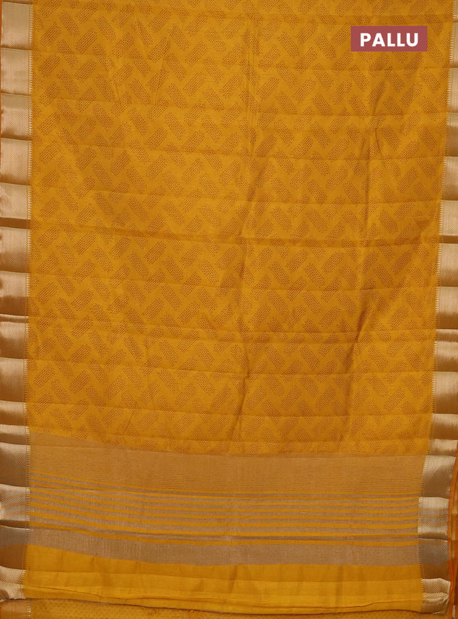 Semi raw silk saree mustard yellow with allover prints and zari woven border