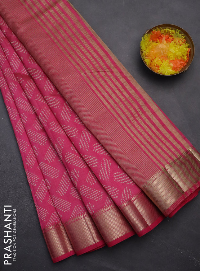 Semi raw silk saree pink with allover prints and zari woven border