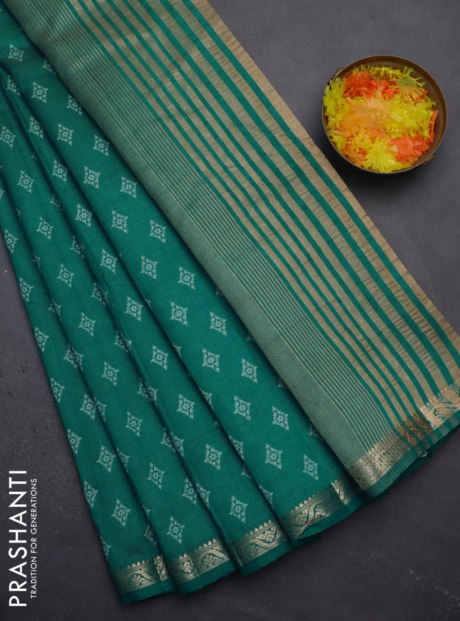 Semi raw silk saree teal green with allover butta prints and zari woven border