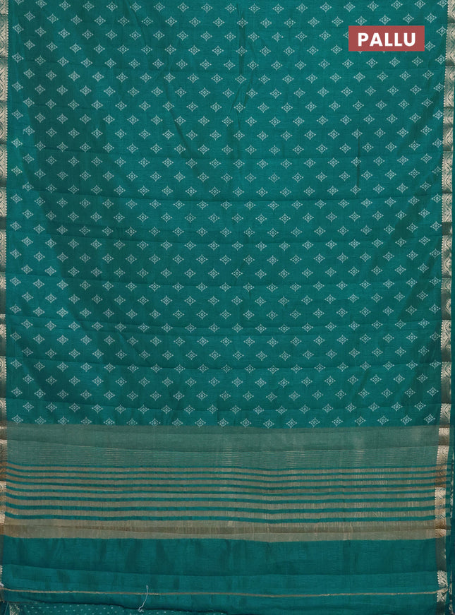 Semi raw silk saree teal green with allover butta prints and zari woven border