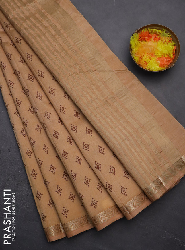 Semi raw silk saree sandal with allover butta prints and zari woven border