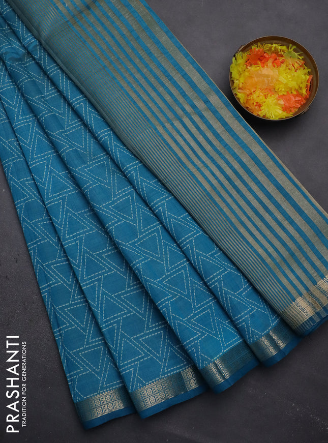 Semi raw silk saree cs blue with allover geometric prints and zari woven border