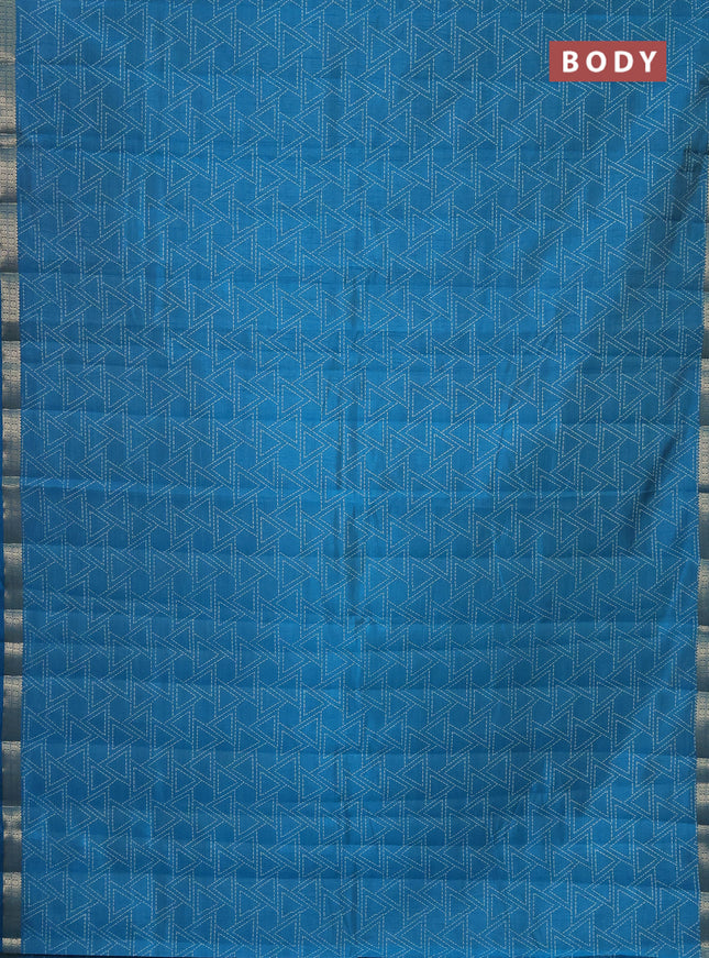Semi raw silk saree cs blue with allover geometric prints and zari woven border