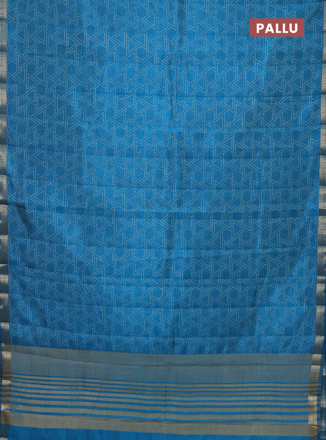 Semi raw silk saree cs blue with allover geometric prints and zari woven border