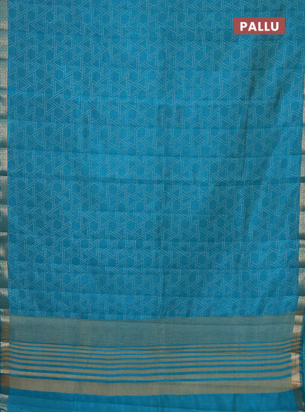 Semi raw silk saree teal blue with allover geometric prints and zari woven border