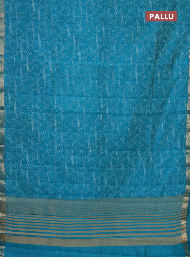 Semi raw silk saree teal blue with allover geometric prints and zari woven border