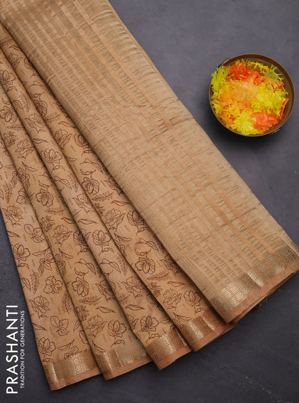 Semi raw silk saree sandal with allover prints and zari woven border