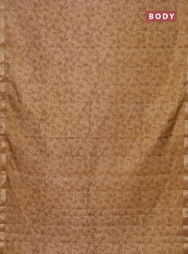 Semi raw silk saree sandal with allover prints and zari woven border