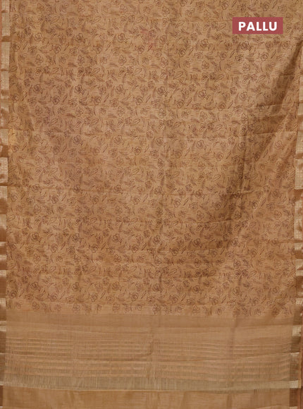 Semi raw silk saree sandal with allover prints and zari woven border