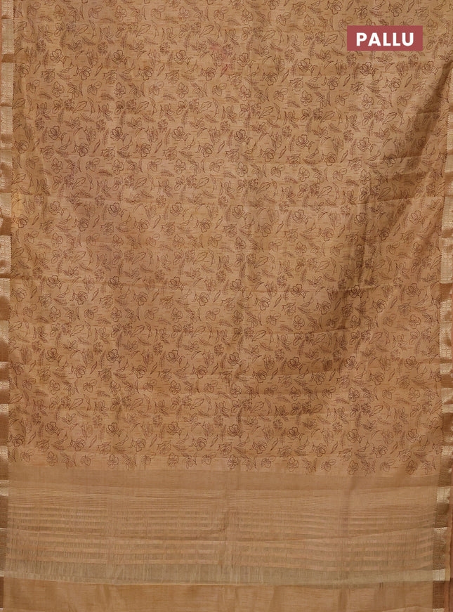 Semi raw silk saree sandal with allover prints and zari woven border