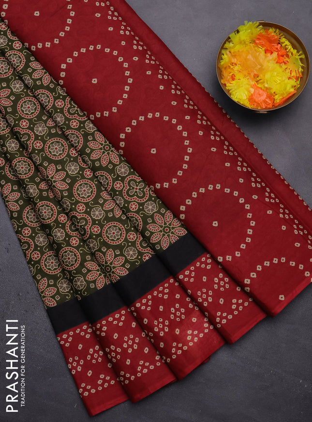 Muslin cotton saree sap green and maroon with ajrakh prints and printed border