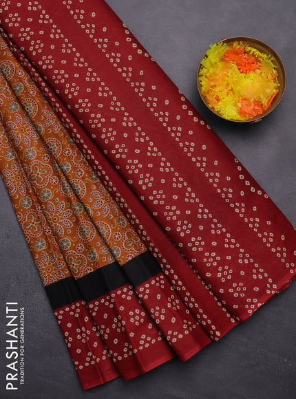 Muslin cotton saree mustard yellow and maroon with ajrakh prints and printed border