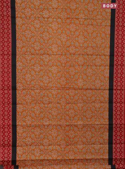 Muslin cotton saree mustard yellow and maroon with ajrakh prints and printed border