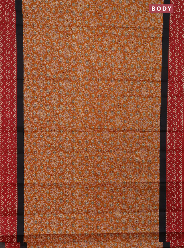 Muslin cotton saree mustard yellow and maroon with ajrakh prints and printed border