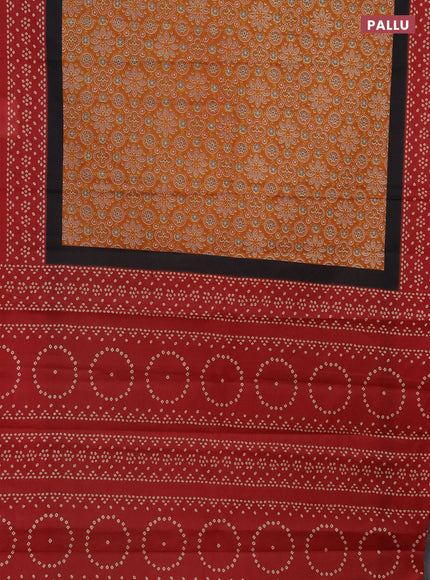 Muslin cotton saree mustard yellow and maroon with ajrakh prints and printed border