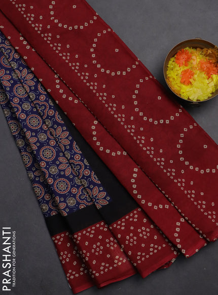 Muslin cotton saree blue and maroon with ajrakh prints and printed border