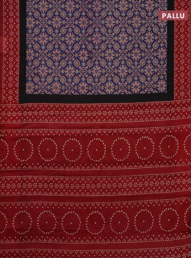 Muslin cotton saree blue and maroon with ajrakh prints and printed border