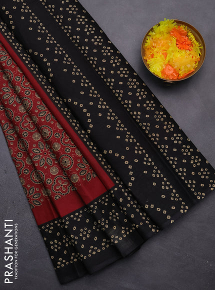 Muslin cotton saree maroon and black with ajrakh prints and printed border