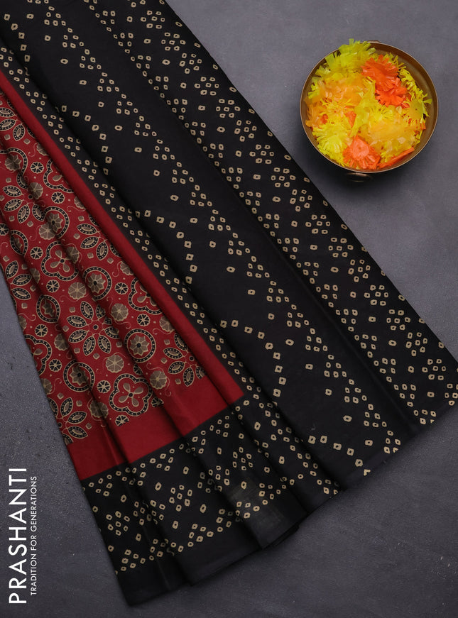 Muslin cotton saree maroon and black with ajrakh prints and printed border