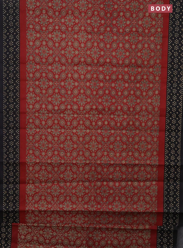Muslin cotton saree maroon and black with ajrakh prints and printed border