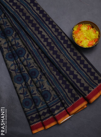 Muslin cotton saree grey blue and maroon with allover prints and woven border