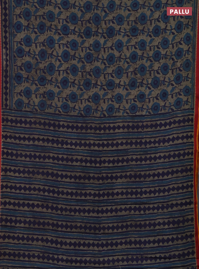 Muslin cotton saree grey blue and maroon with allover prints and woven border