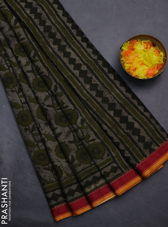 Muslin cotton saree grey sap green and maroon with allover prints and woven border
