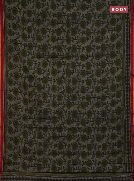 Muslin cotton saree grey sap green and maroon with allover prints and woven border