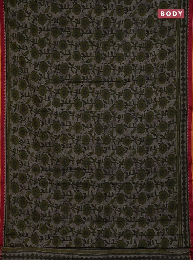 Muslin cotton saree grey sap green and maroon with allover prints and woven border