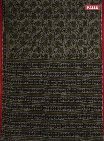 Muslin cotton saree grey sap green and maroon with allover prints and woven border