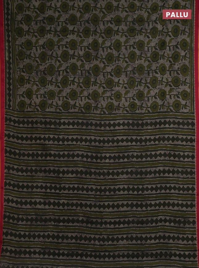 Muslin cotton saree grey sap green and maroon with allover prints and woven border
