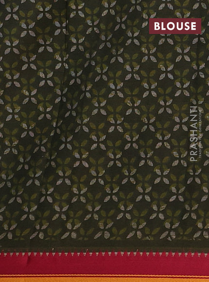 Muslin cotton saree grey sap green and maroon with allover prints and woven border