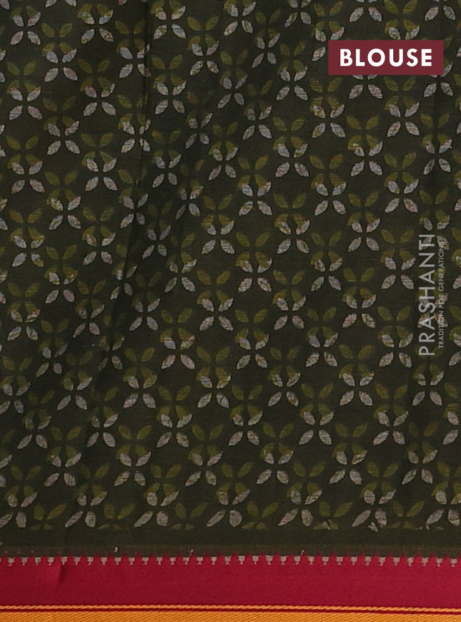 Muslin cotton saree grey sap green and maroon with allover prints and woven border