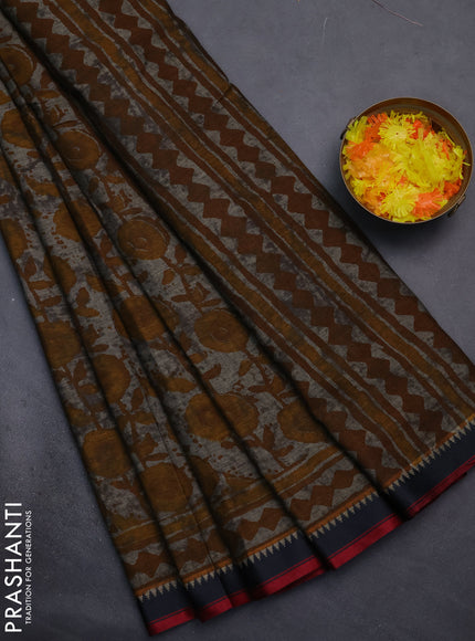 Muslin cotton saree grey mustard and black with allover prints and woven border