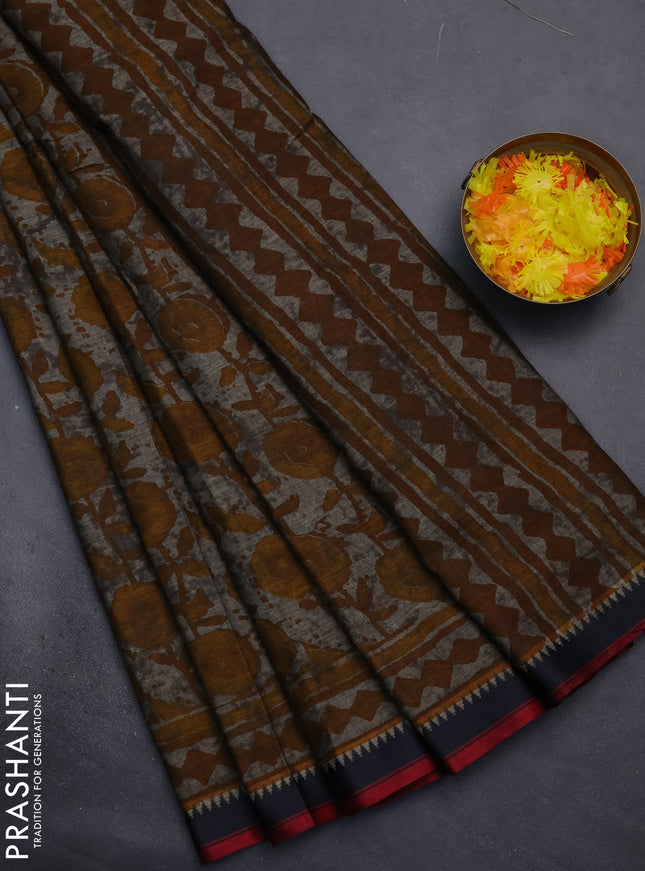Muslin cotton saree grey mustard and black with allover prints and woven border