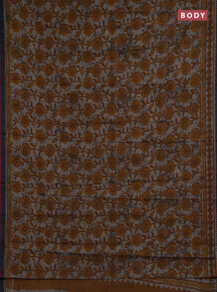 Muslin cotton saree grey mustard and black with allover prints and woven border