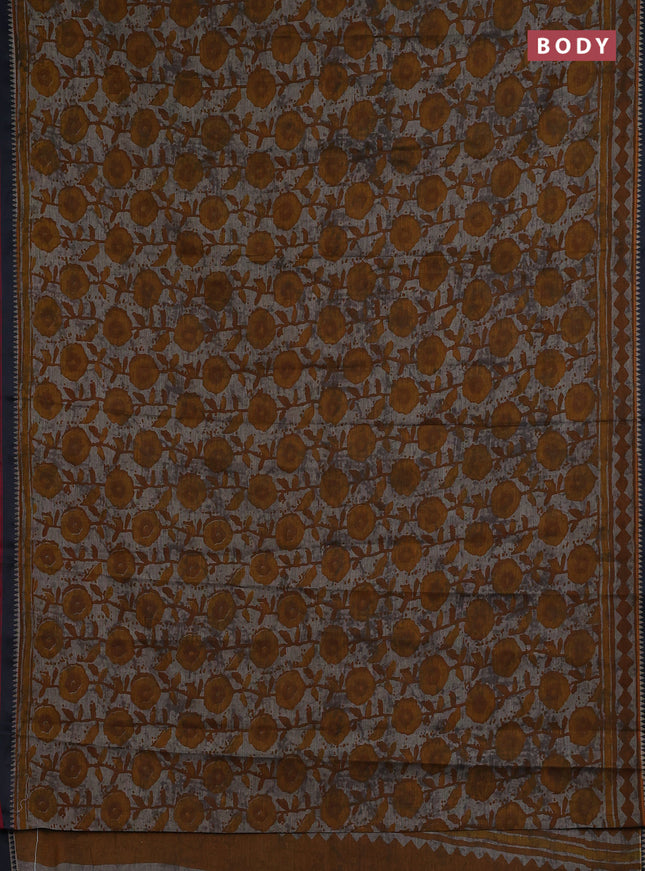 Muslin cotton saree grey mustard and black with allover prints and woven border